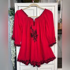 Red Plus Size Blouse  XLarge Flowy Boho Stretchy Off shoulders